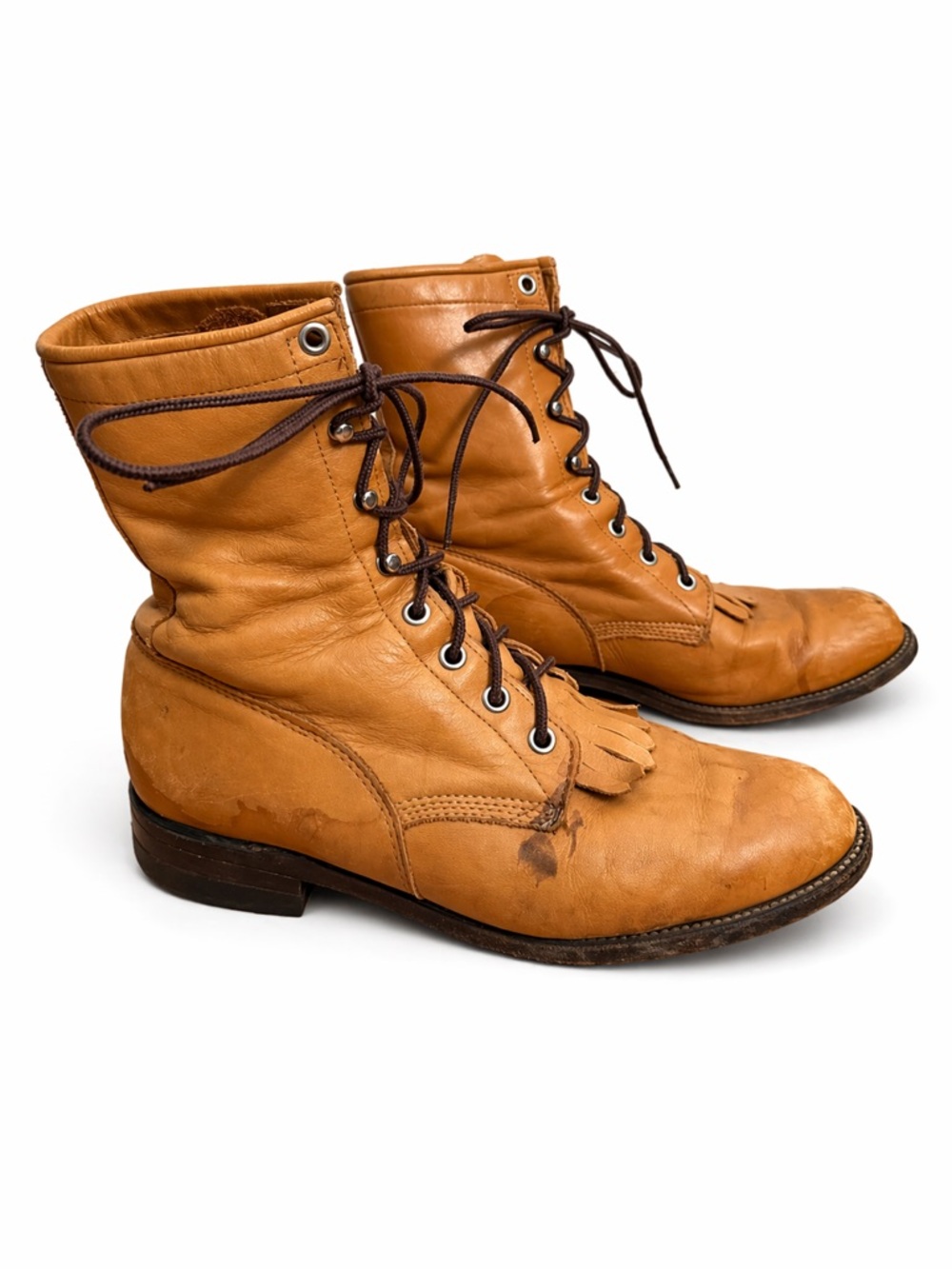 Vintage 1980s Tan Leather Justin Diamond Lace Up Roper Style Western Boots